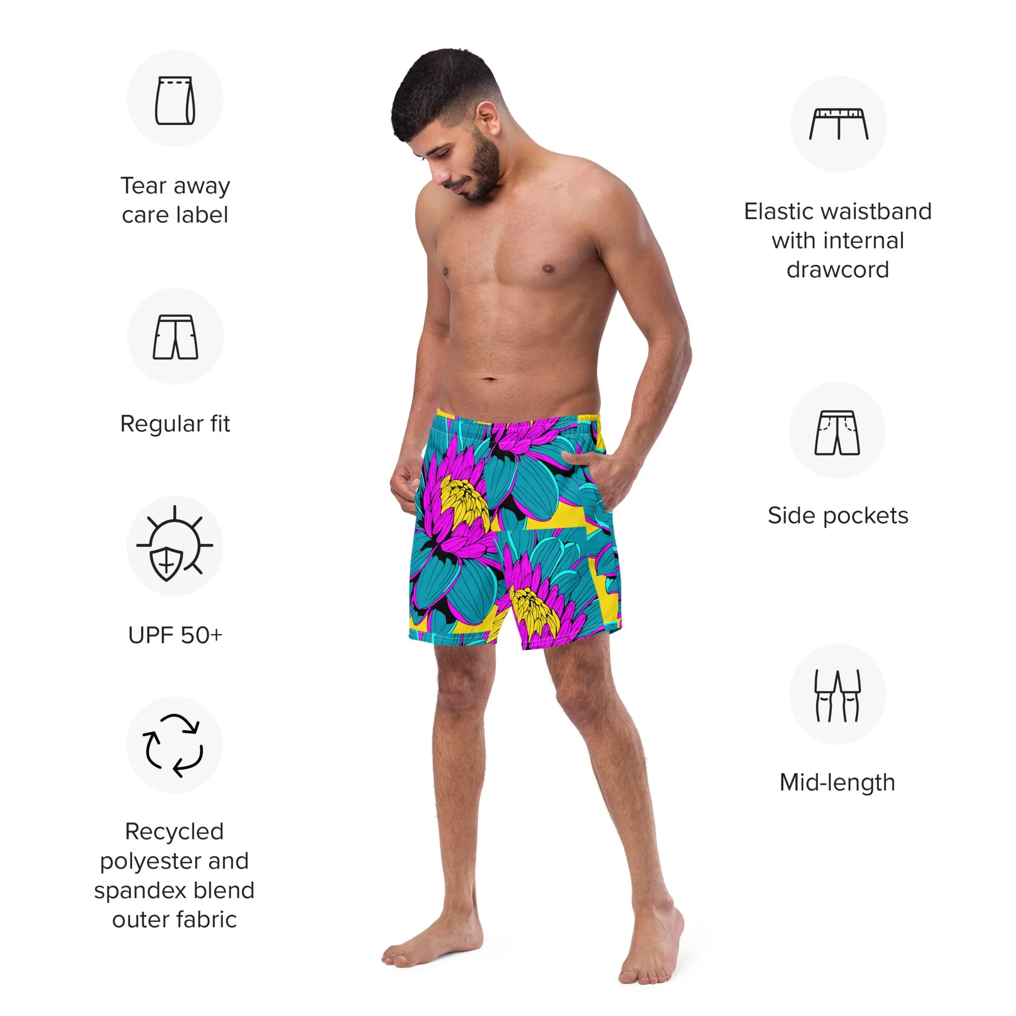 Summer Blossoms: Men's Dahlia Print 001 Swim Trunks