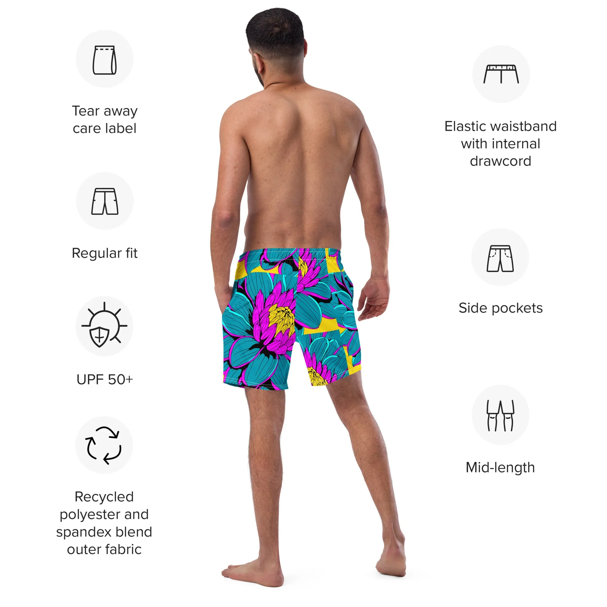 Summer Blossoms: Men's Dahlia Print 001 Swim Trunks