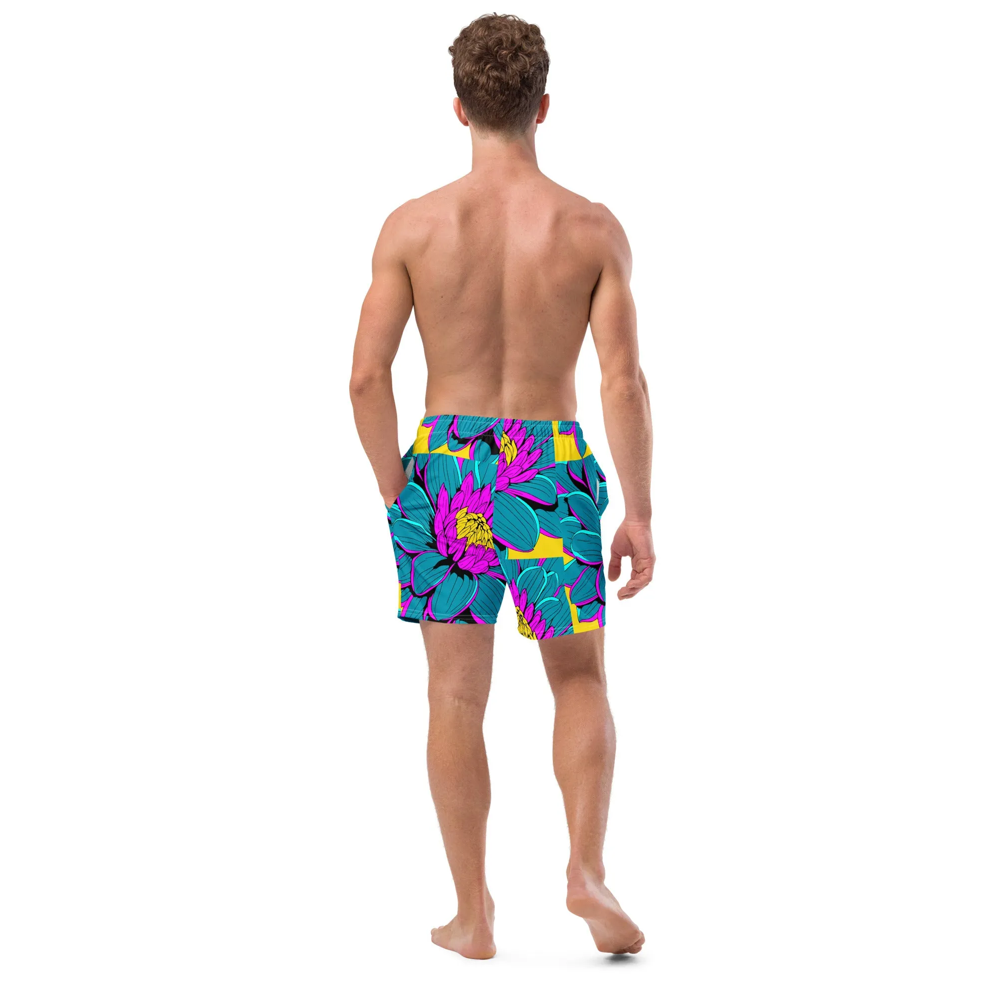 Summer Blossoms: Men's Dahlia Print 001 Swim Trunks