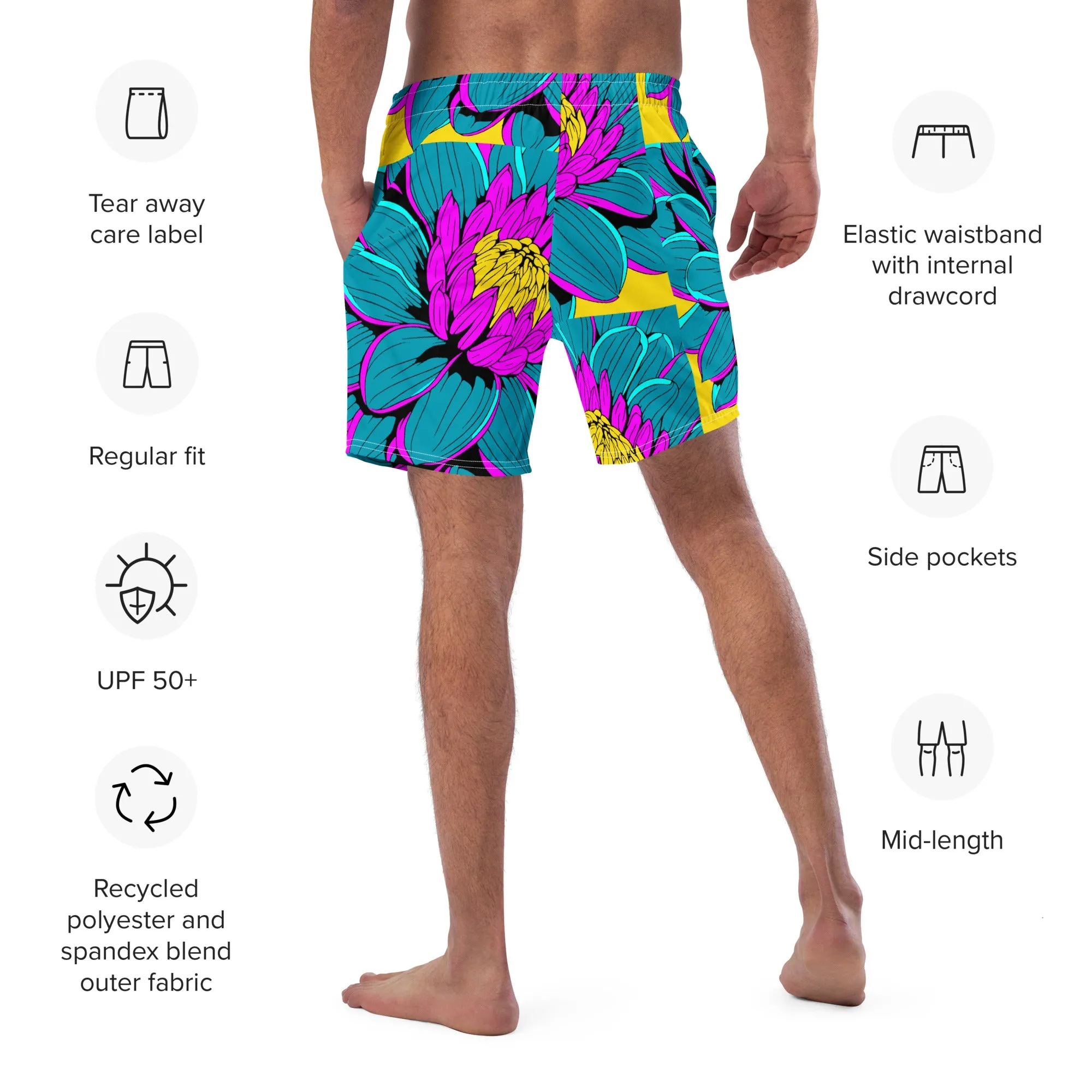 Summer Blossoms: Men's Dahlia Print 001 Swim Trunks