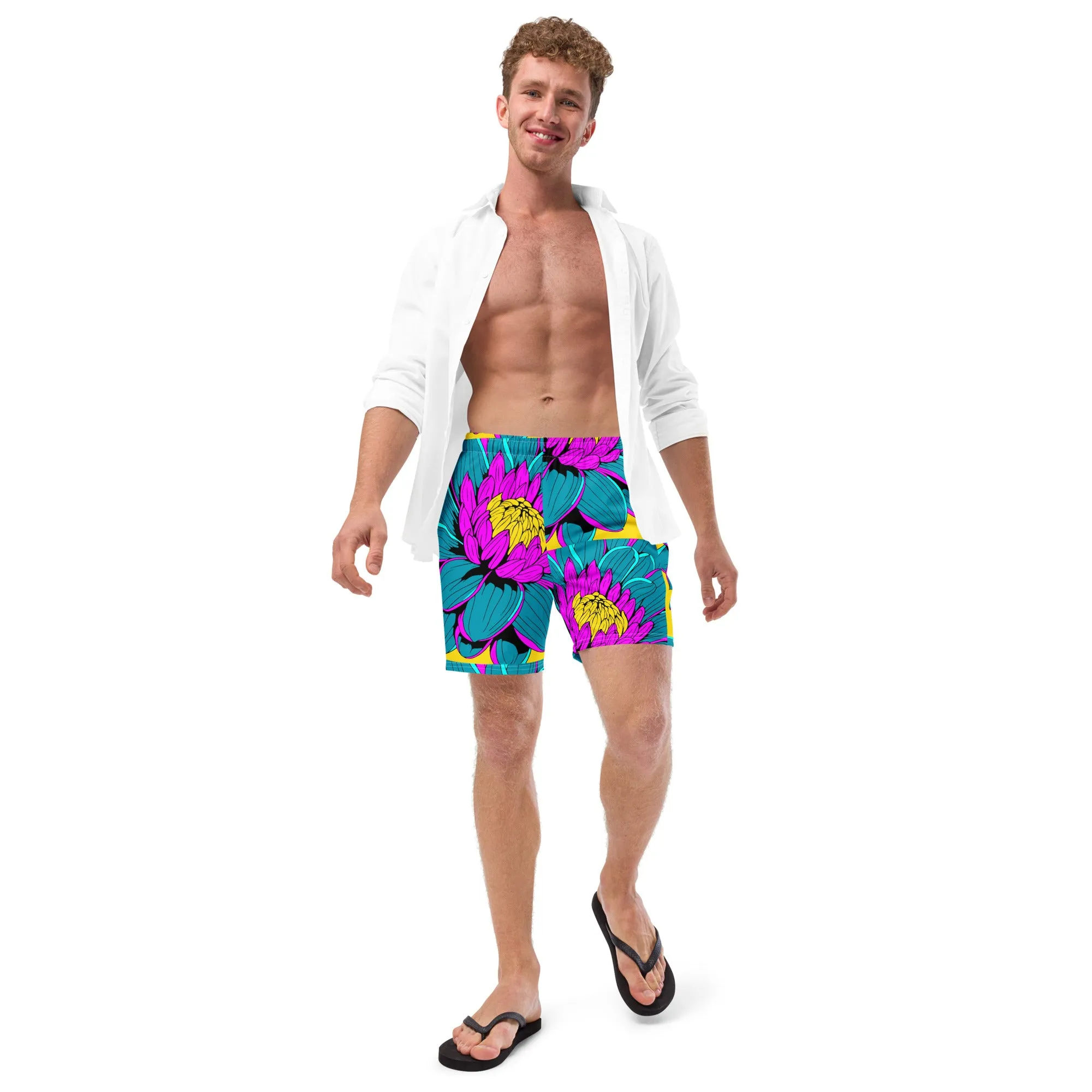 Summer Blossoms: Men's Dahlia Print 001 Swim Trunks