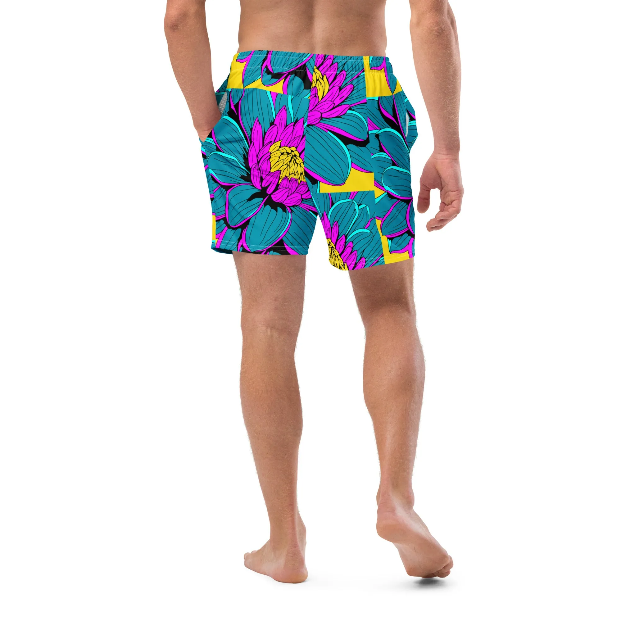 Summer Blossoms: Men's Dahlia Print 001 Swim Trunks