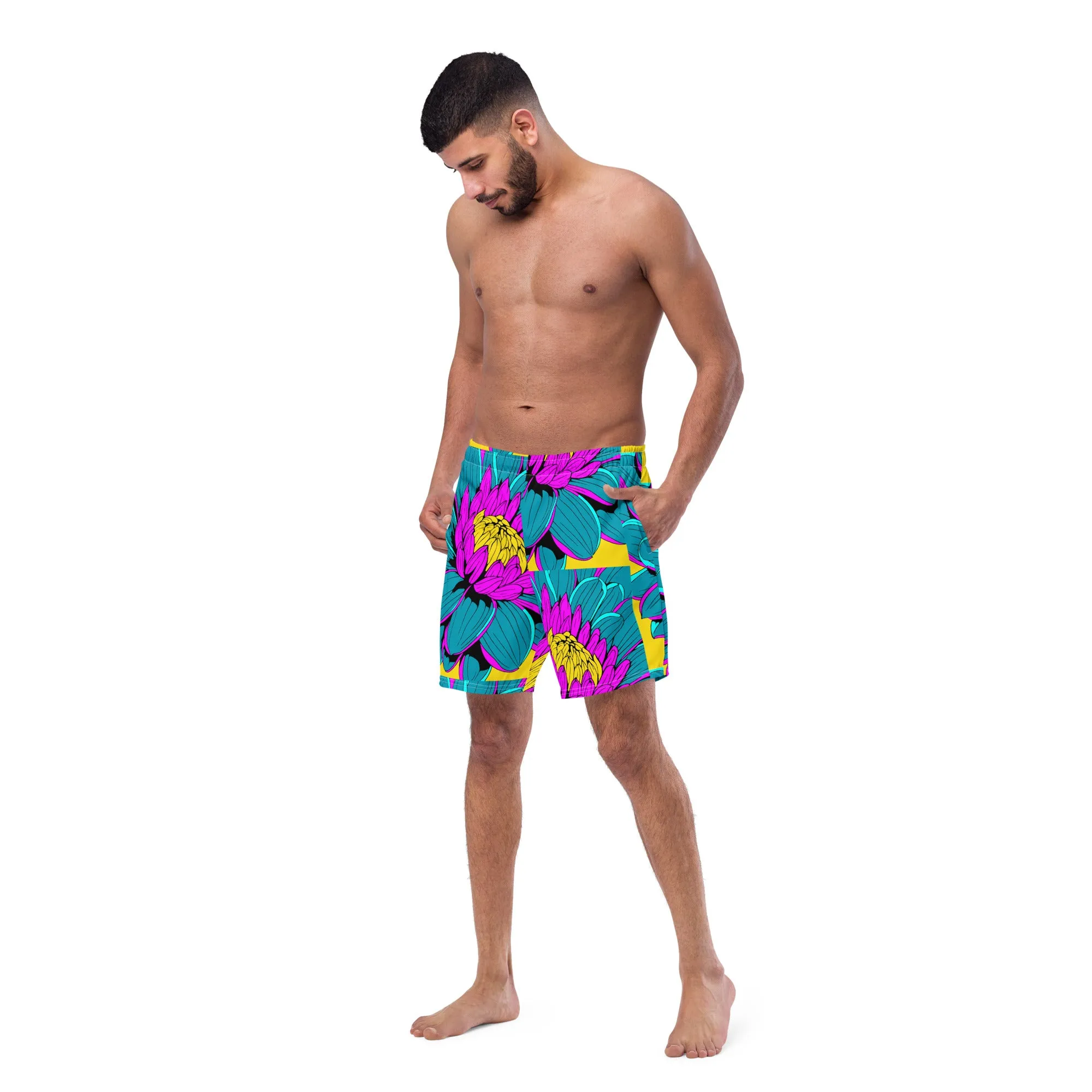 Summer Blossoms: Men's Dahlia Print 001 Swim Trunks