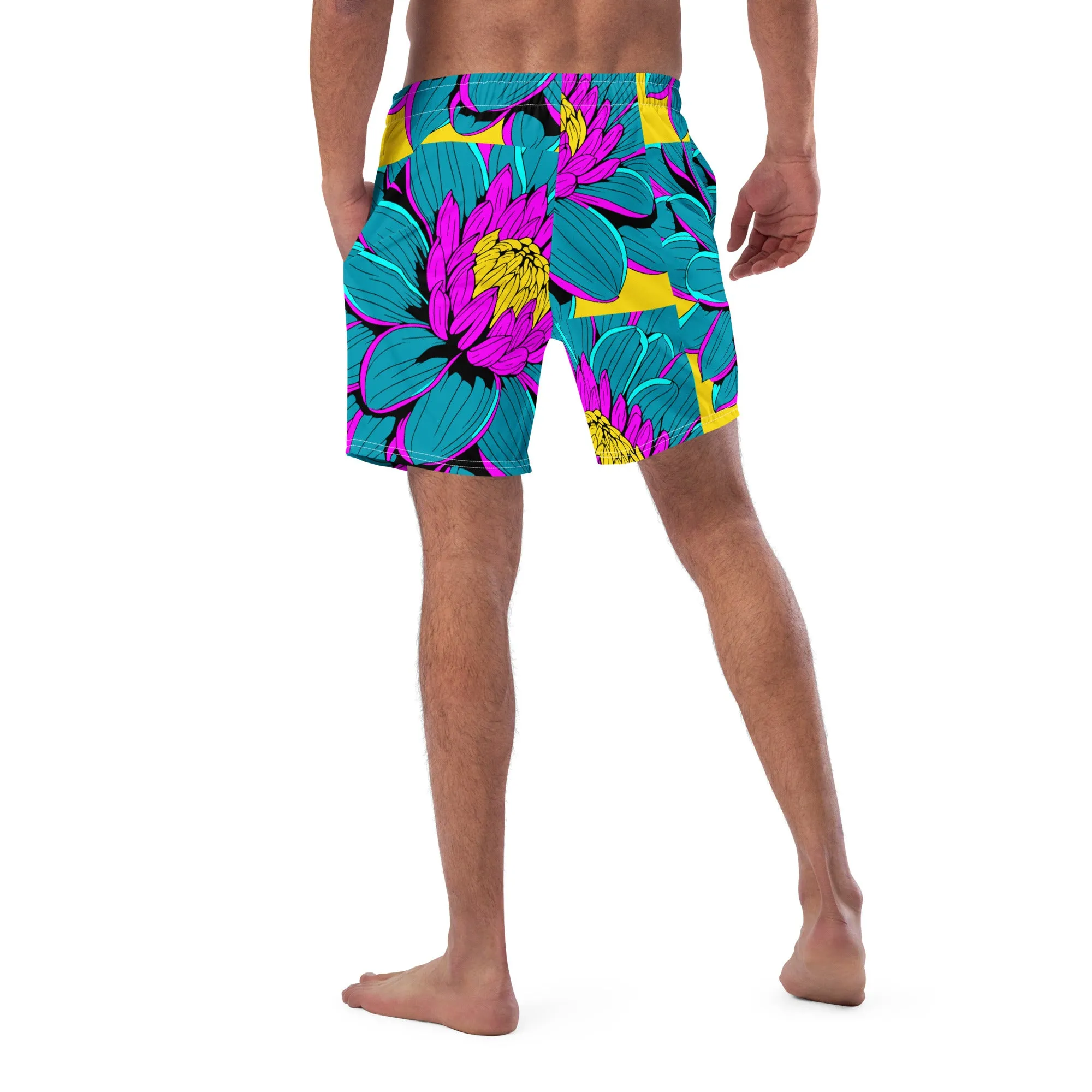 Summer Blossoms: Men's Dahlia Print 001 Swim Trunks