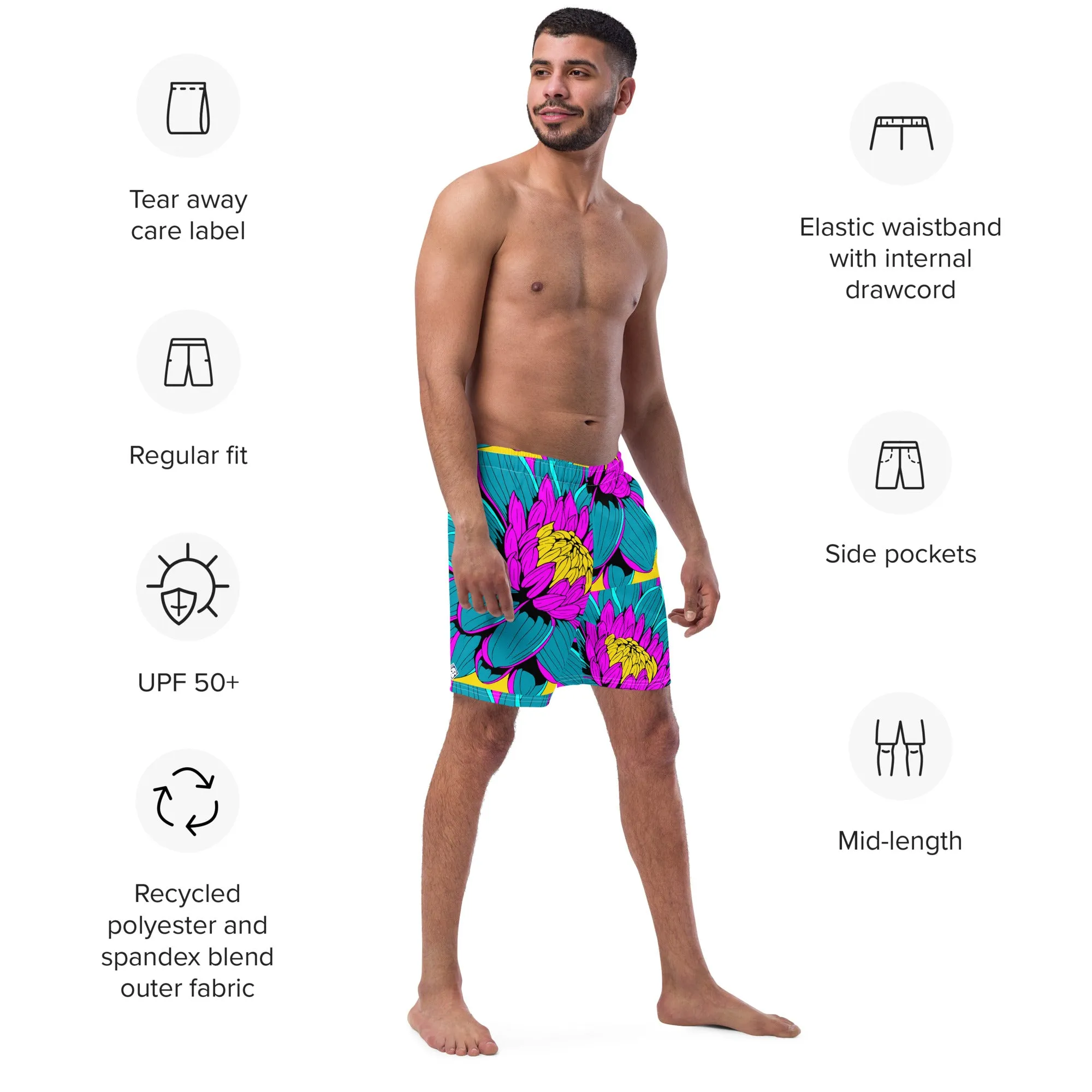 Summer Blossoms: Men's Dahlia Print 001 Swim Trunks