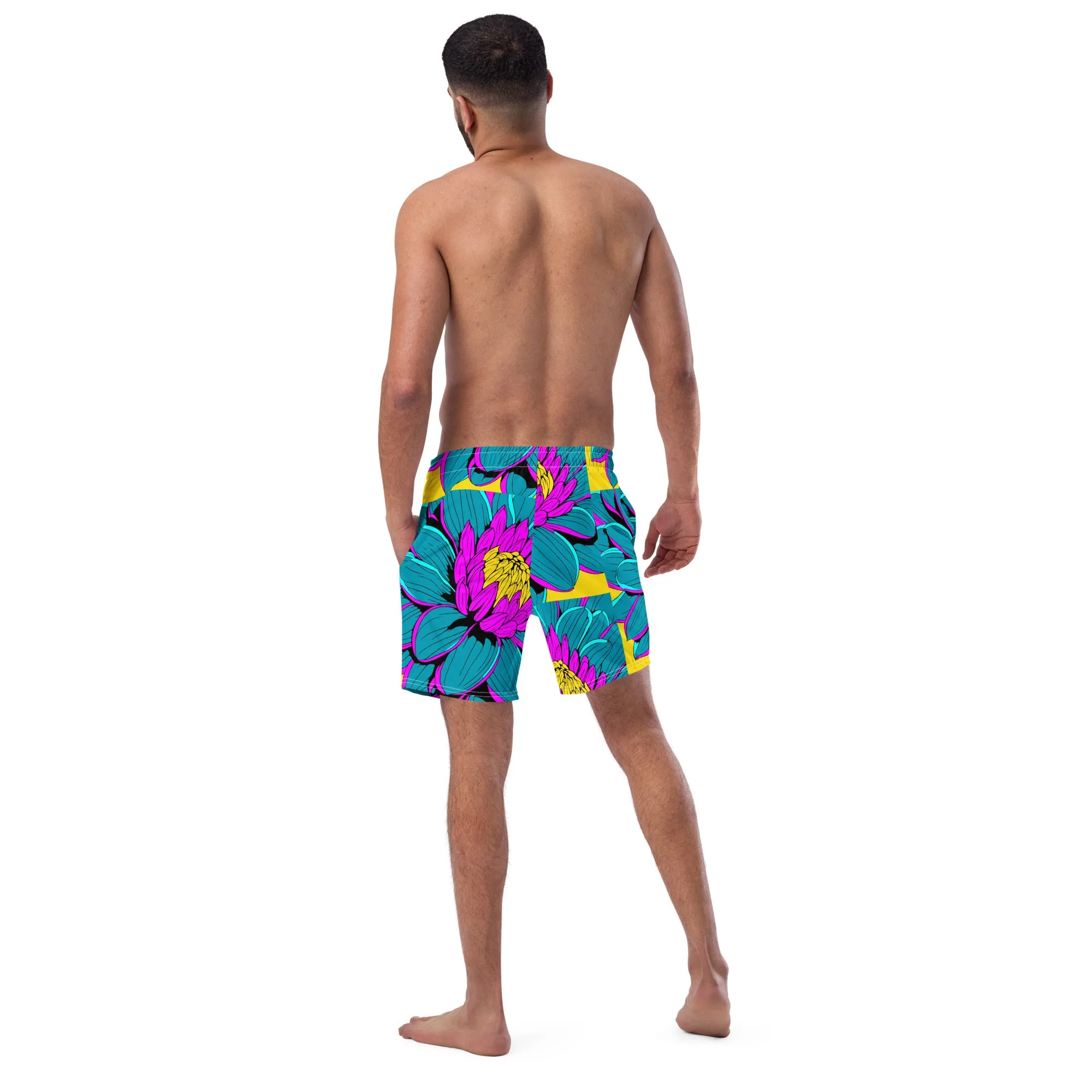 Summer Blossoms: Men's Dahlia Print 001 Swim Trunks