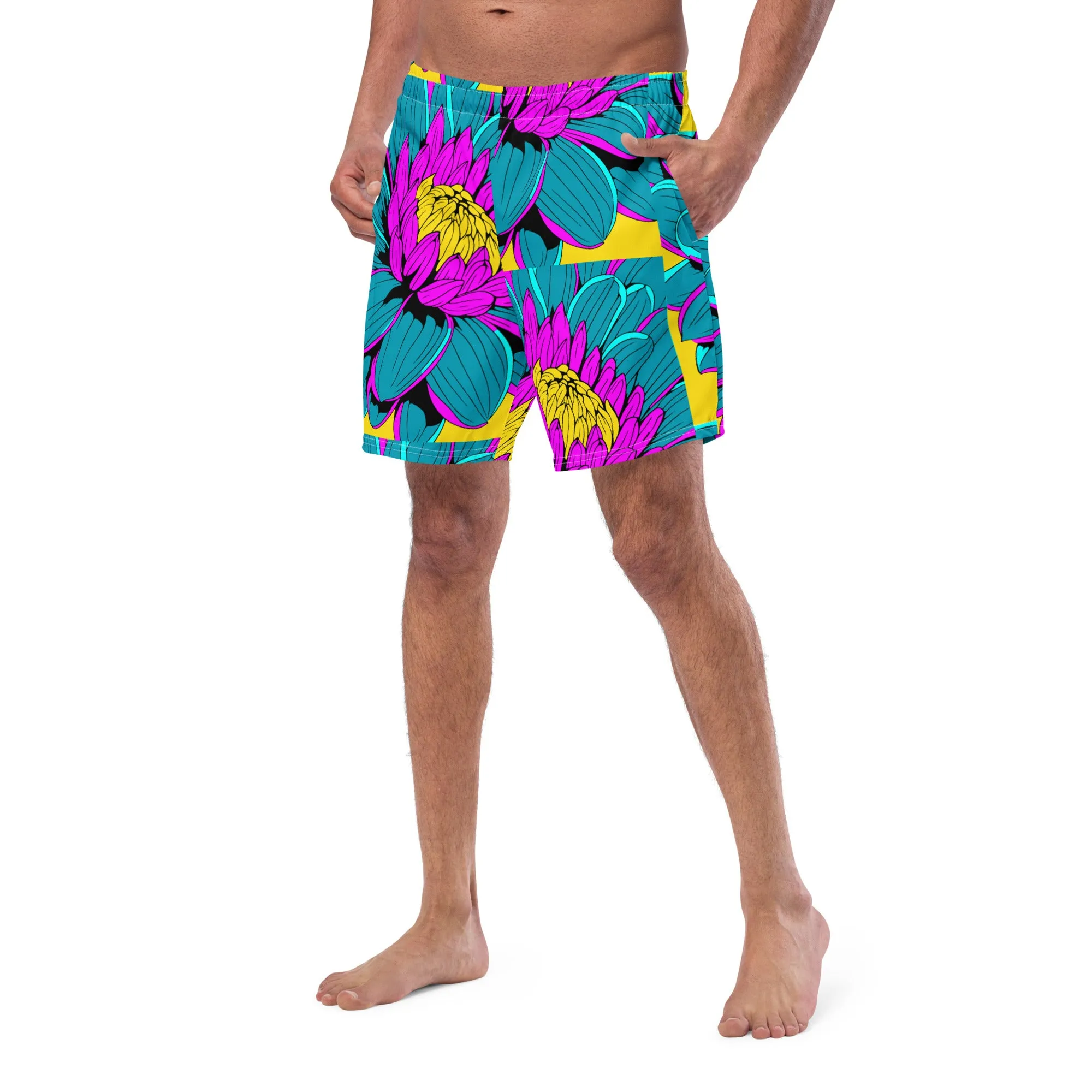 Summer Blossoms: Men's Dahlia Print 001 Swim Trunks