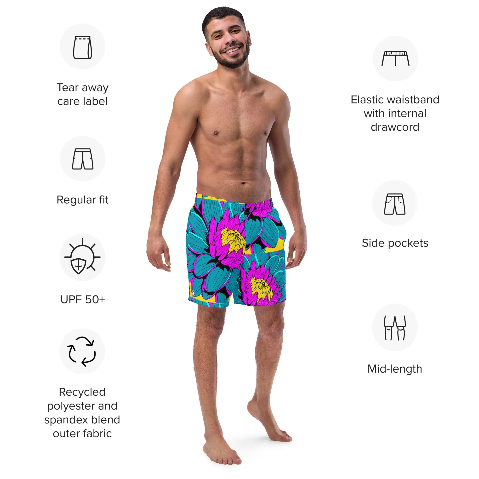 Summer Blossoms: Men's Dahlia Print 001 Swim Trunks