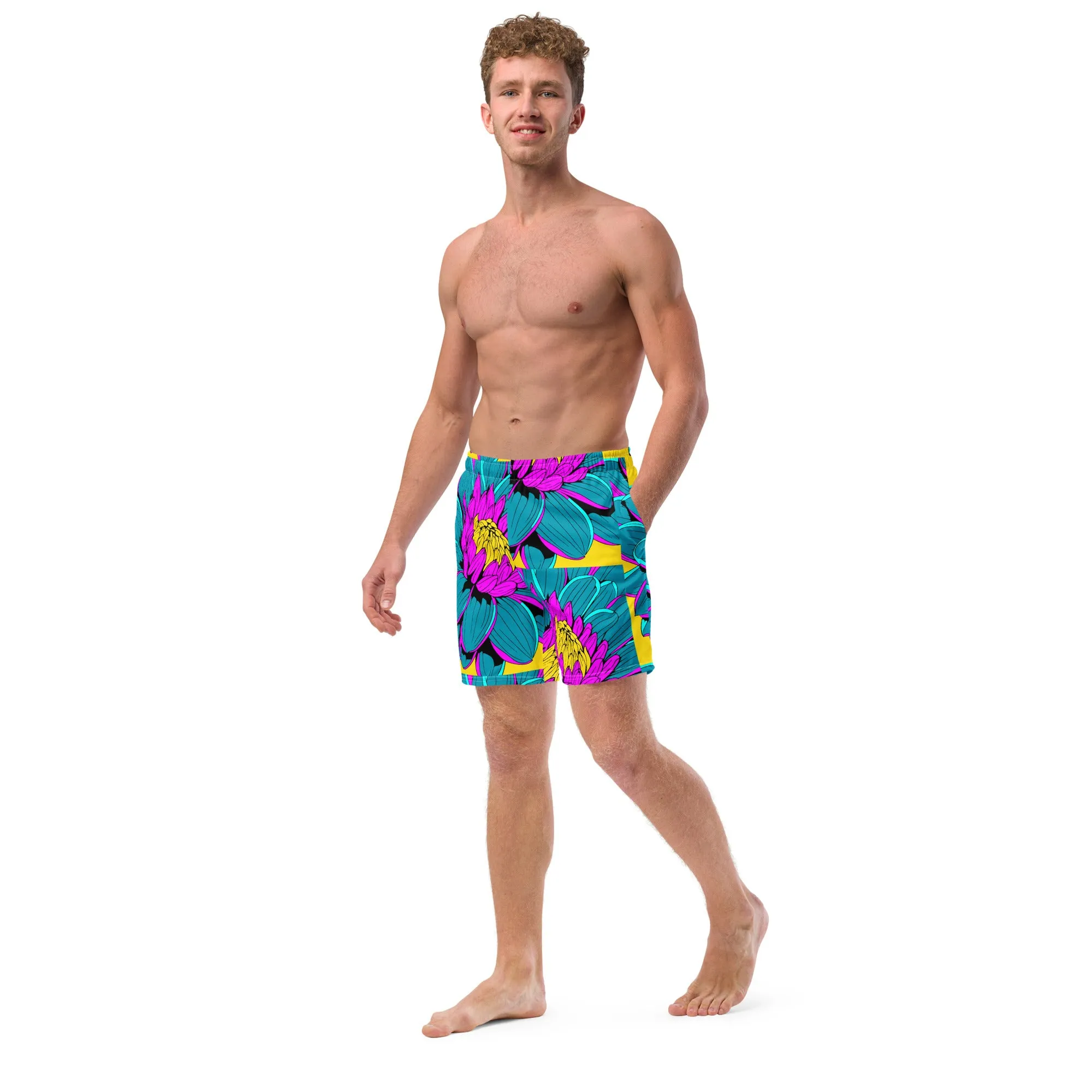 Summer Blossoms: Men's Dahlia Print 001 Swim Trunks