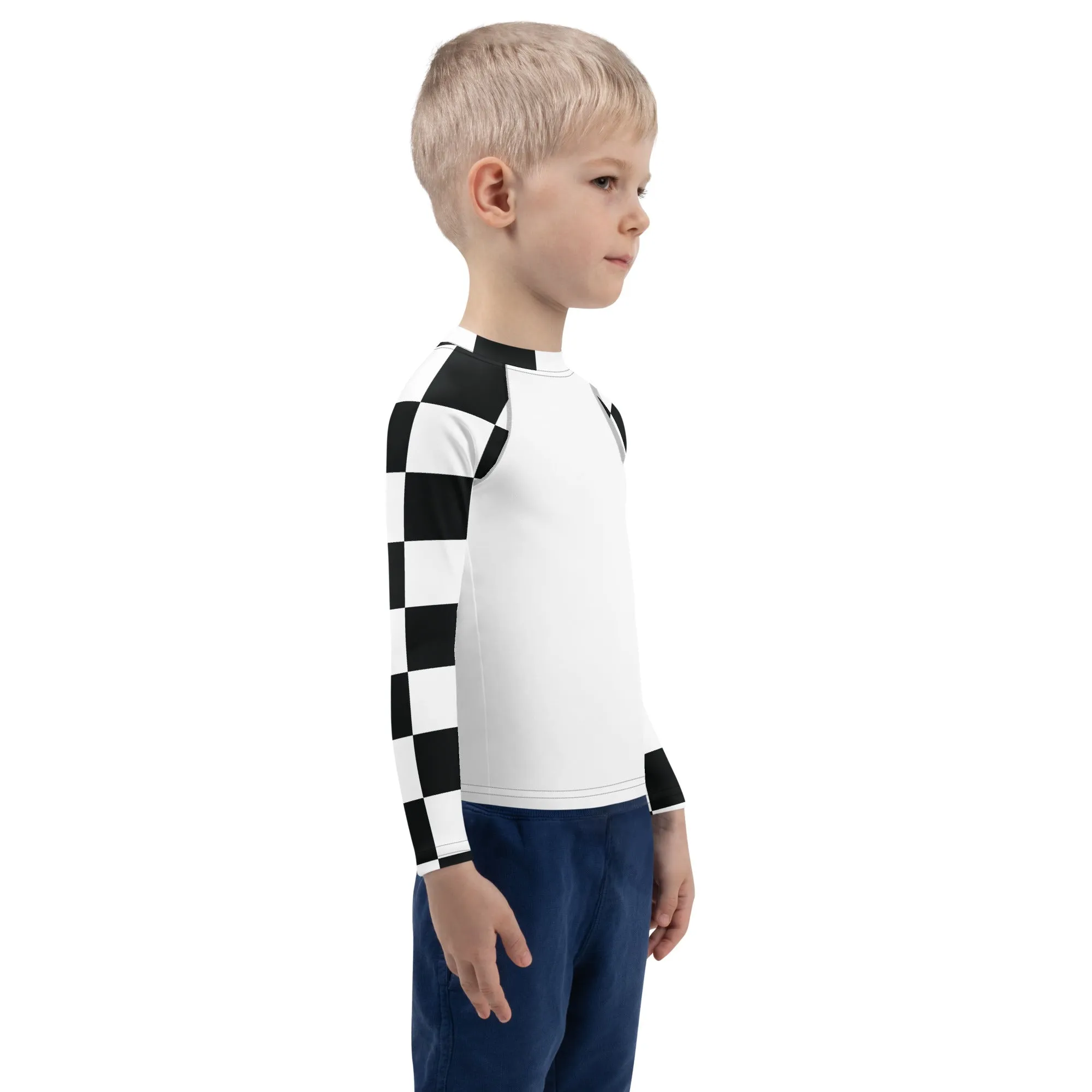 Trendy Tots: Boys' Checkered Long Sleeve Rash Guard - Blanc