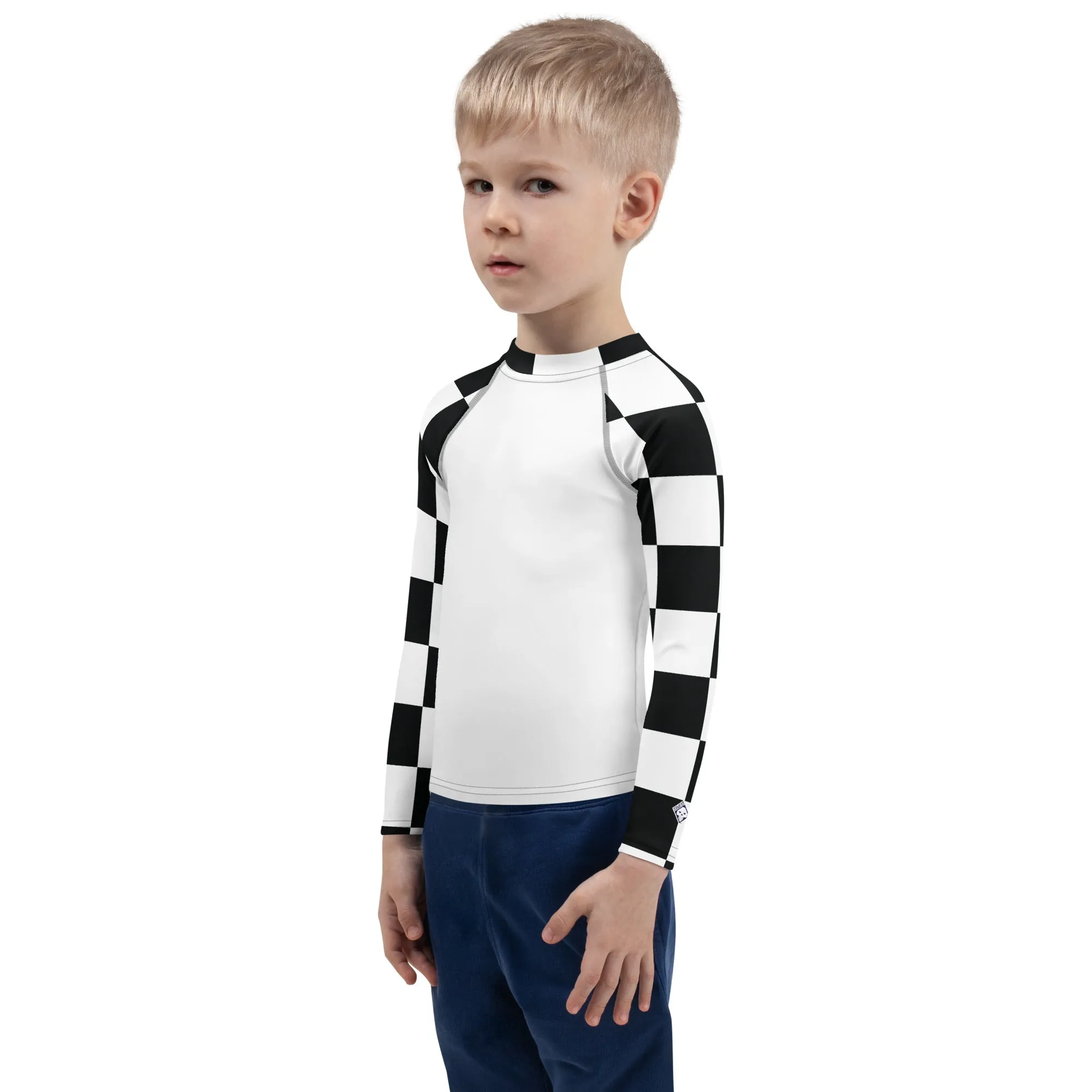 Trendy Tots: Boys' Checkered Long Sleeve Rash Guard - Blanc