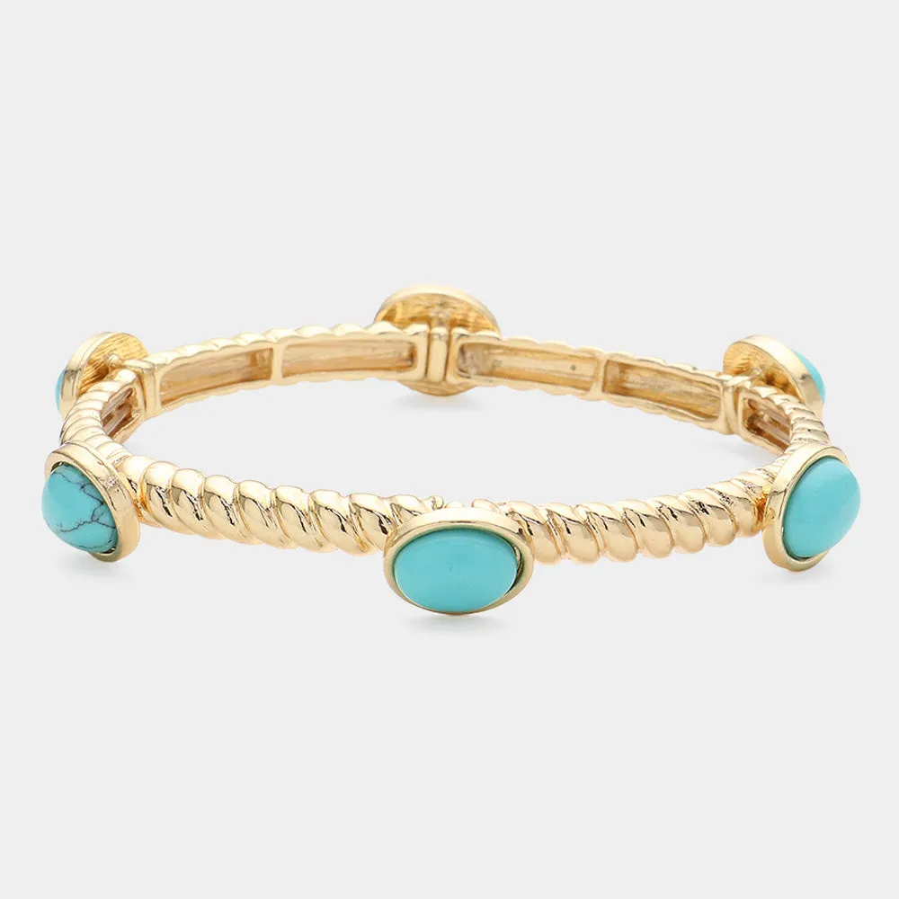 Turquoise Natural Oval Cluster Gold Stretch Bracelet