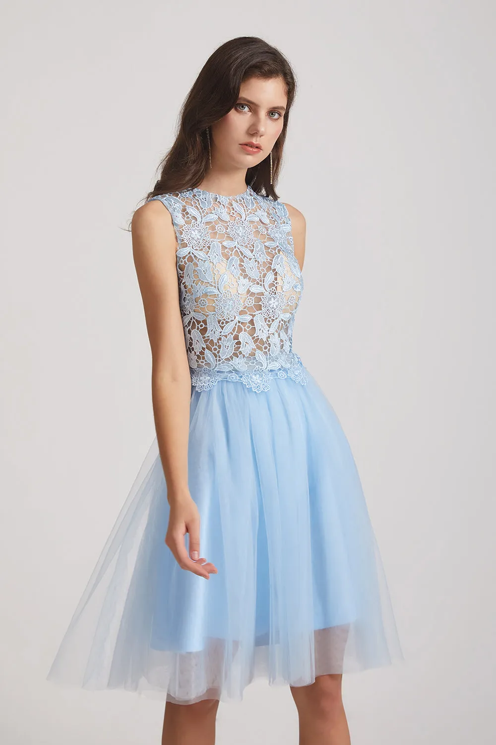 Two Piece Jewel Sleeveless Short See-Through Bridesmaid Dresses (AF0065)