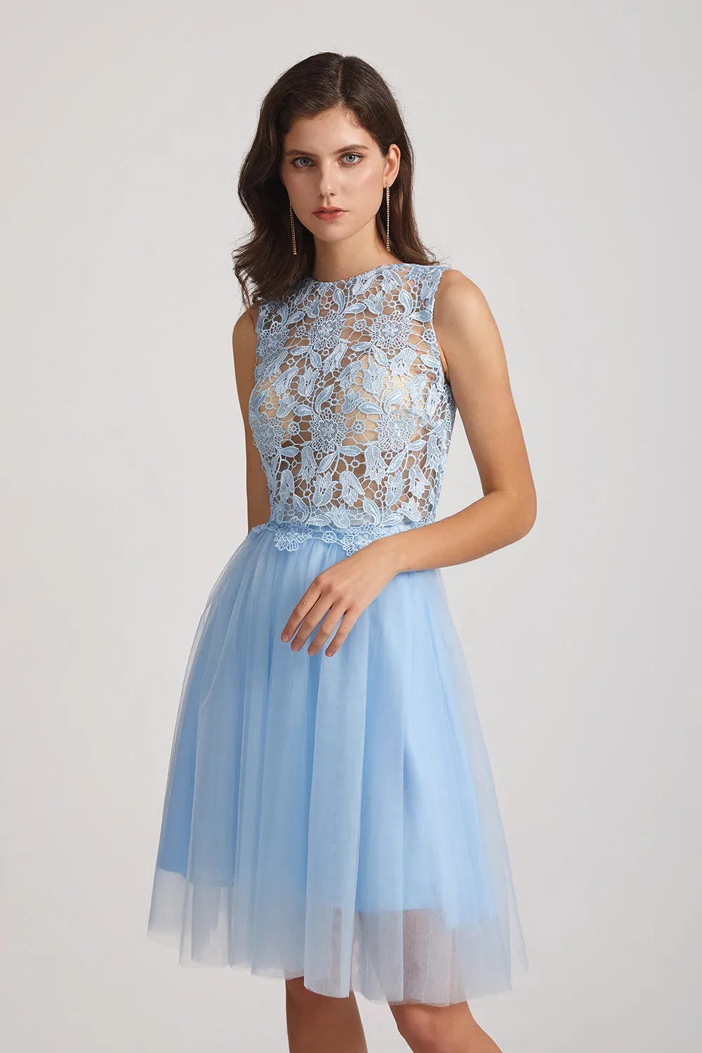 Two Piece Jewel Sleeveless Short See-Through Bridesmaid Dresses (AF0065)