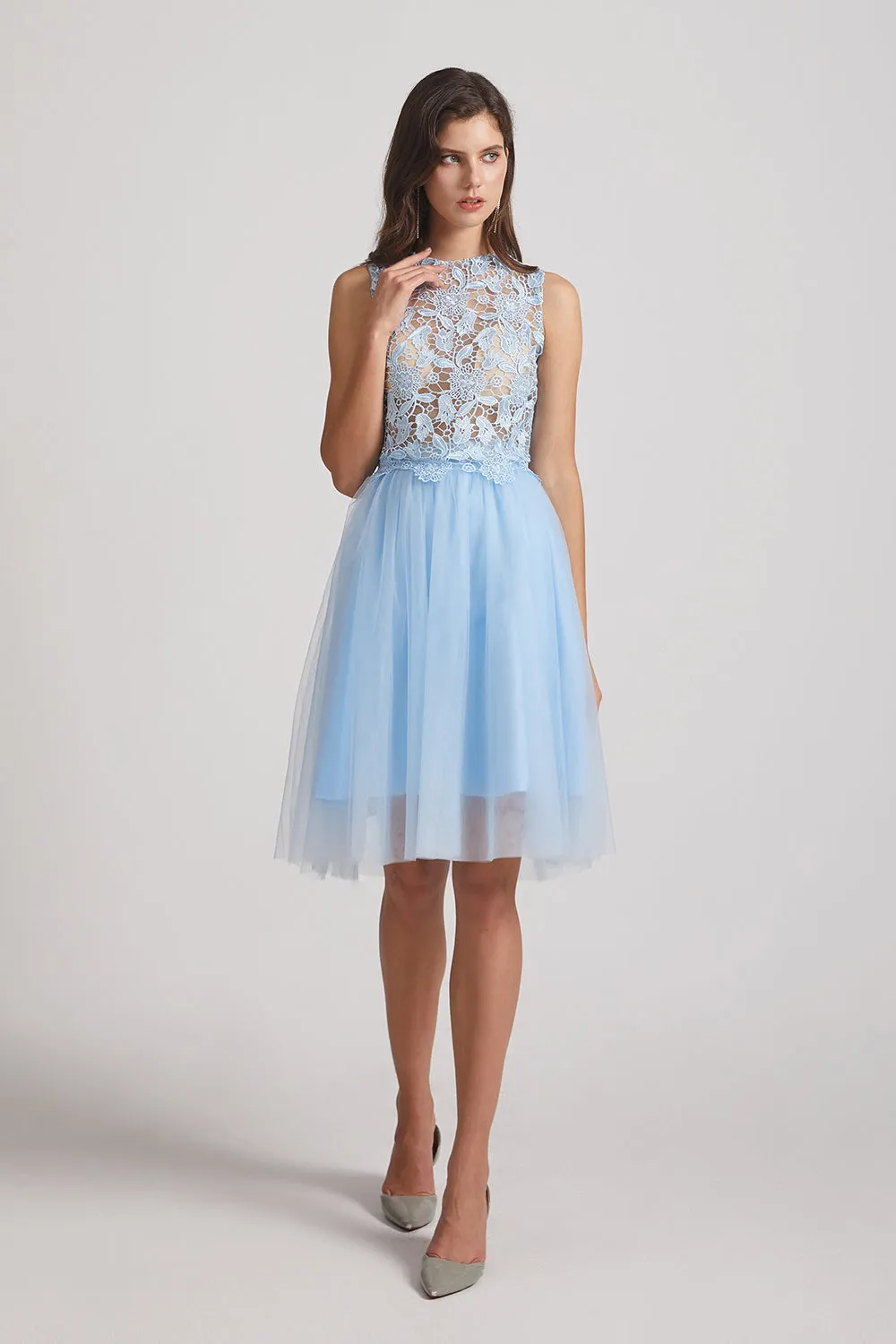 Two Piece Jewel Sleeveless Short See-Through Bridesmaid Dresses (AF0065)