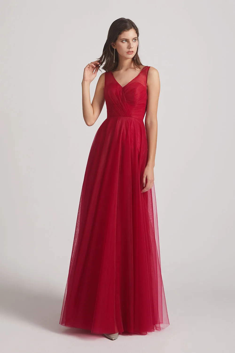 V-Neck Sleeveless A-Line Tulle Pleated Long Bridesmaid Dresses (AF0108)