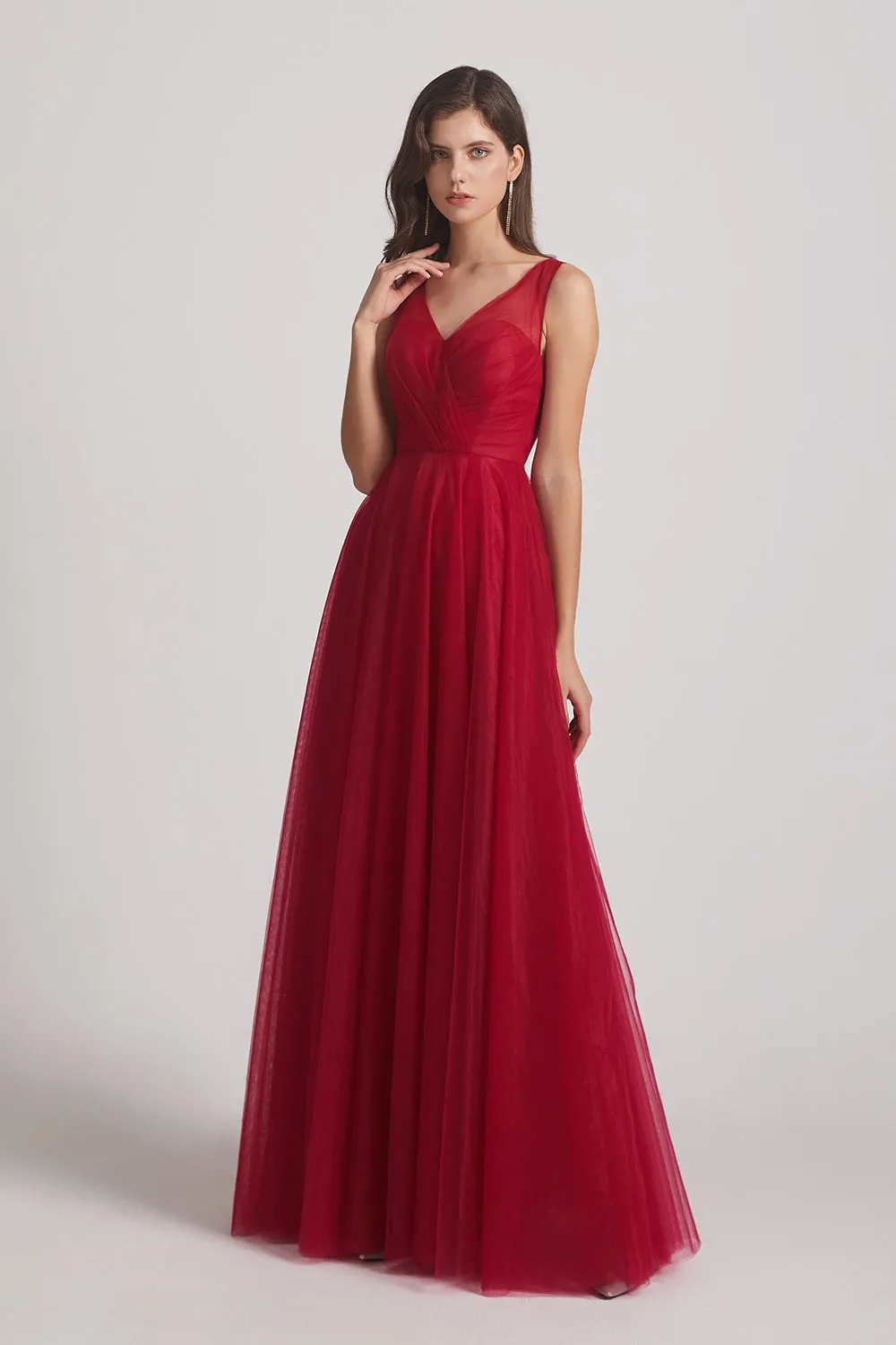 V-Neck Sleeveless A-Line Tulle Pleated Long Bridesmaid Dresses (AF0108)