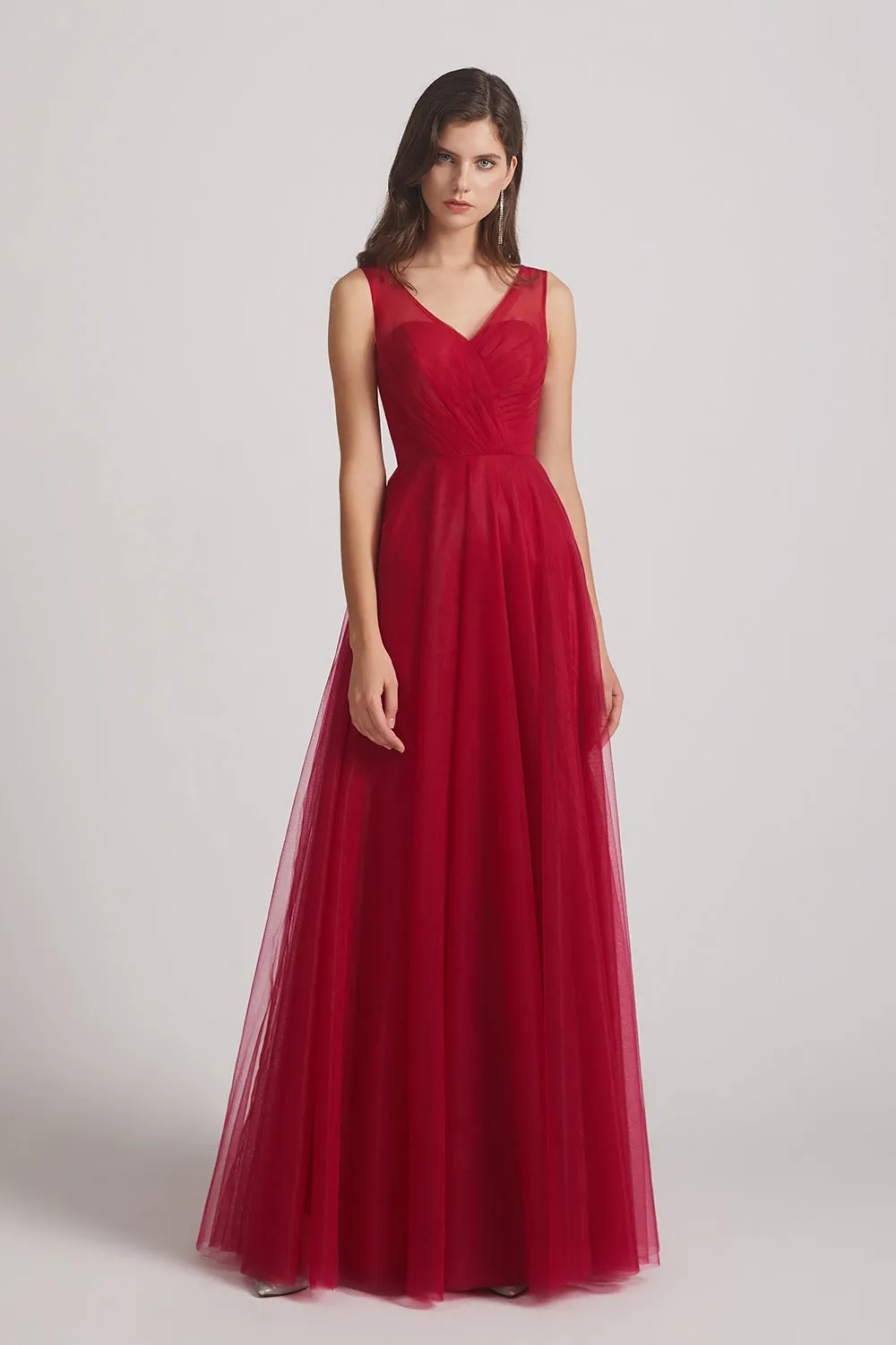 V-Neck Sleeveless A-Line Tulle Pleated Long Bridesmaid Dresses (AF0108)