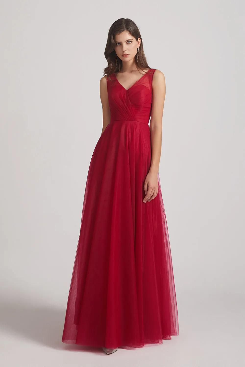 V-Neck Sleeveless A-Line Tulle Pleated Long Bridesmaid Dresses (AF0108)