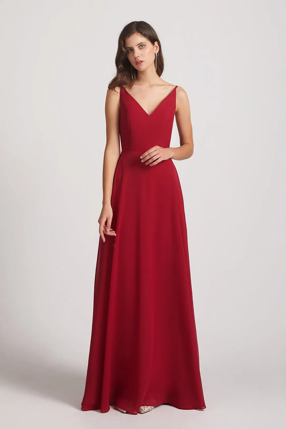 V-Neck Spaghetti Straps Chiffon Bridesmaid Dresses With Back Tie (AF0002)