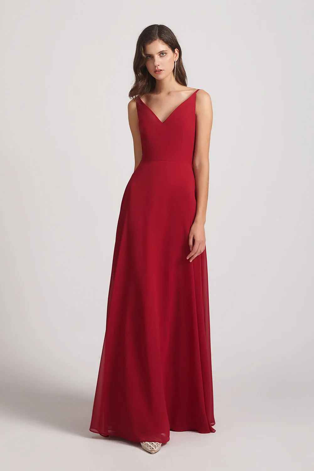 V-Neck Spaghetti Straps Chiffon Bridesmaid Dresses With Back Tie (AF0002)