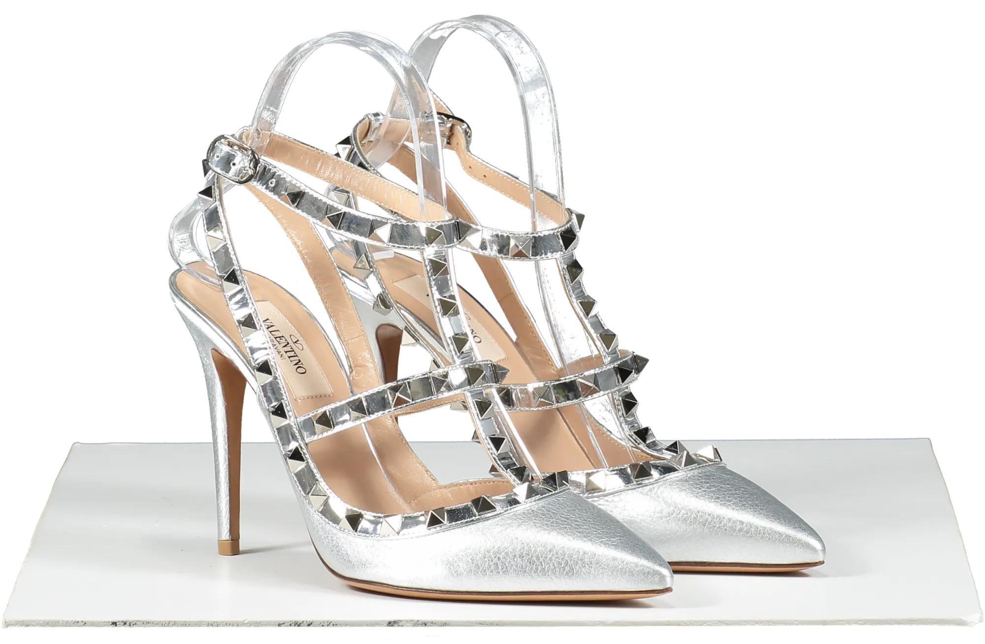 Valentino Garavani Silver Rockstud Metallic Ankle Strap Pump 100 Mm UK 4 EU 37 👠