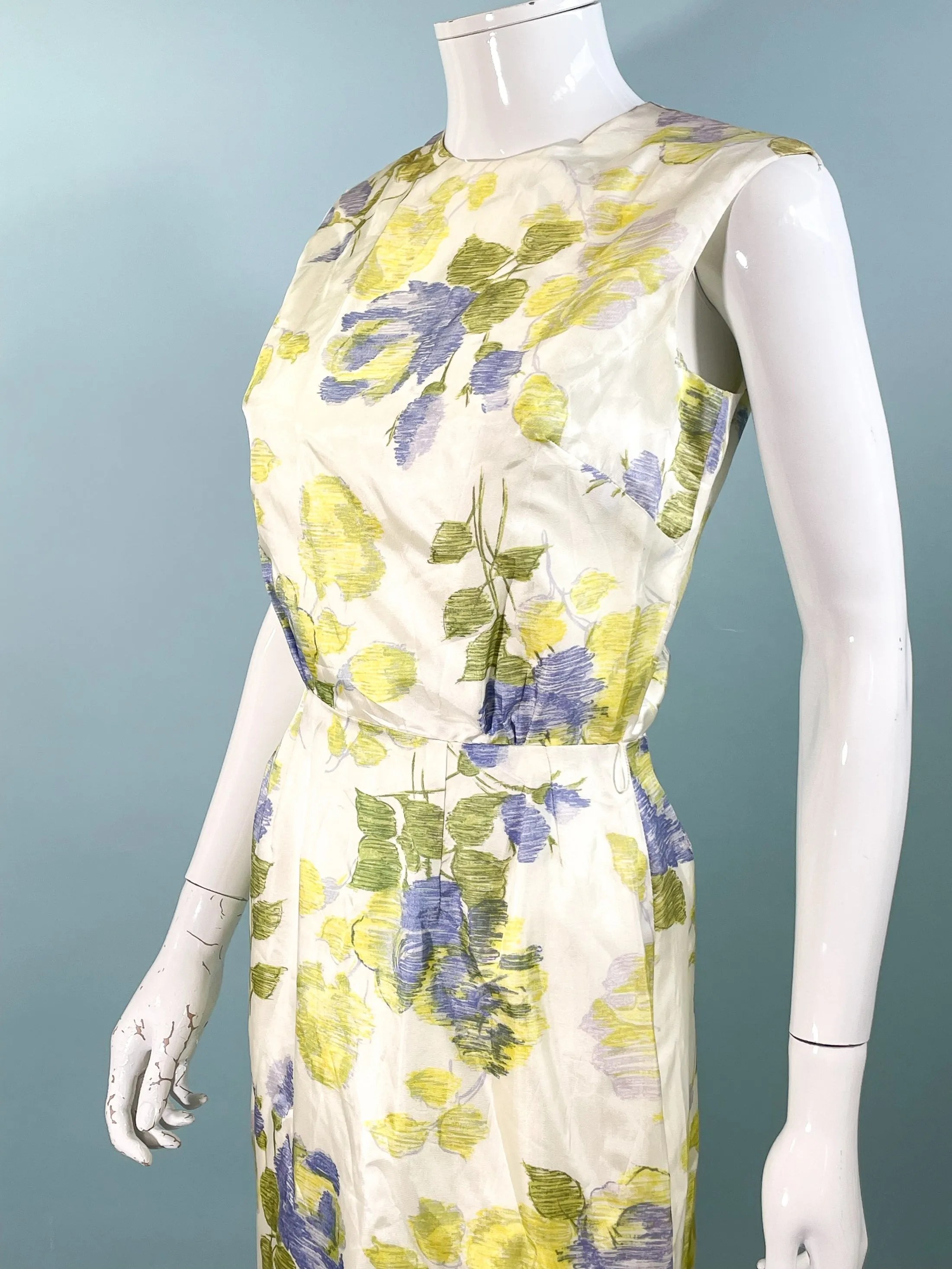 Vintage 60s Floral Print Wiggle Dress, Sleeveless Summer Dress S