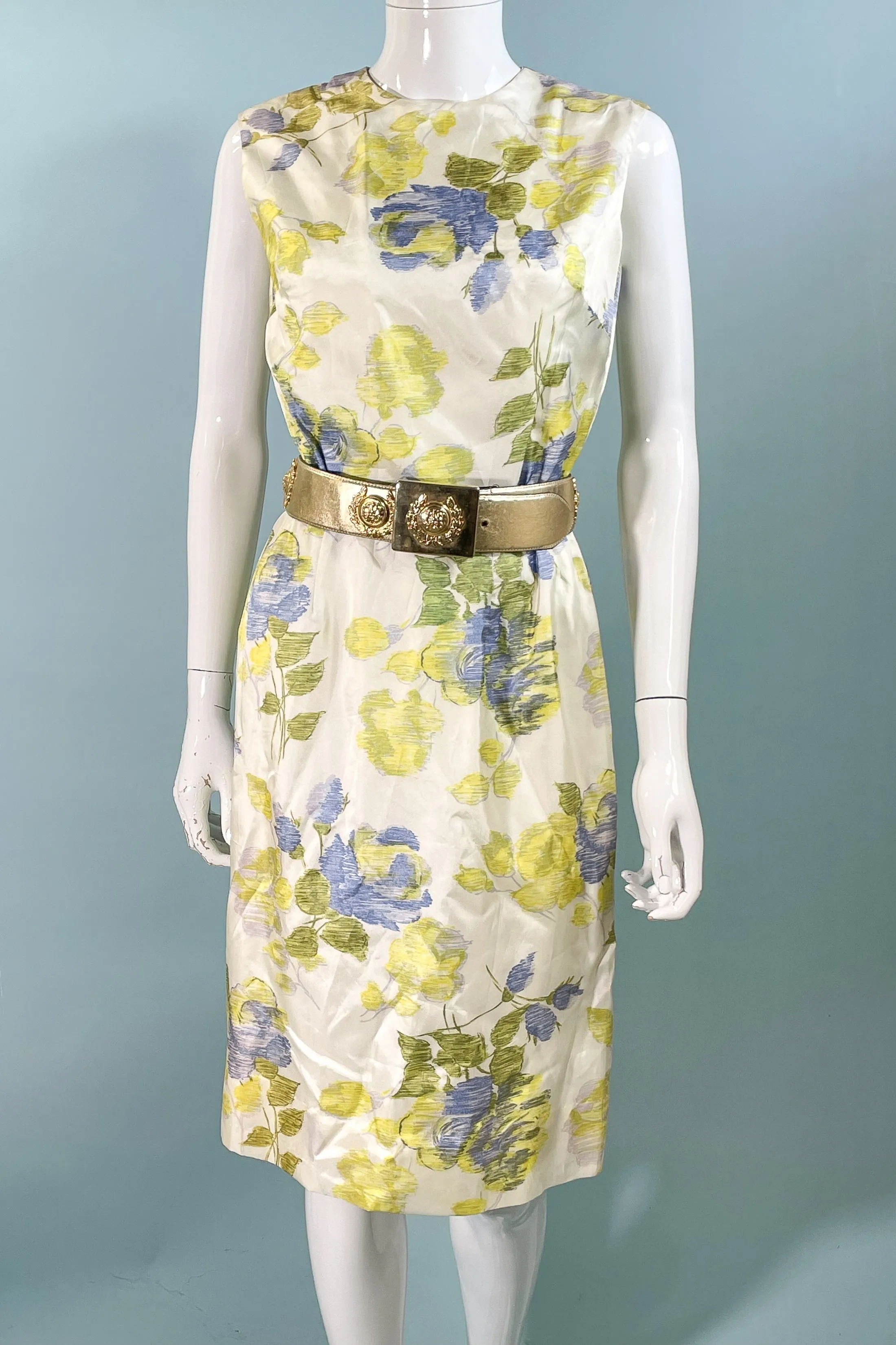 Vintage 60s Floral Print Wiggle Dress, Sleeveless Summer Dress S