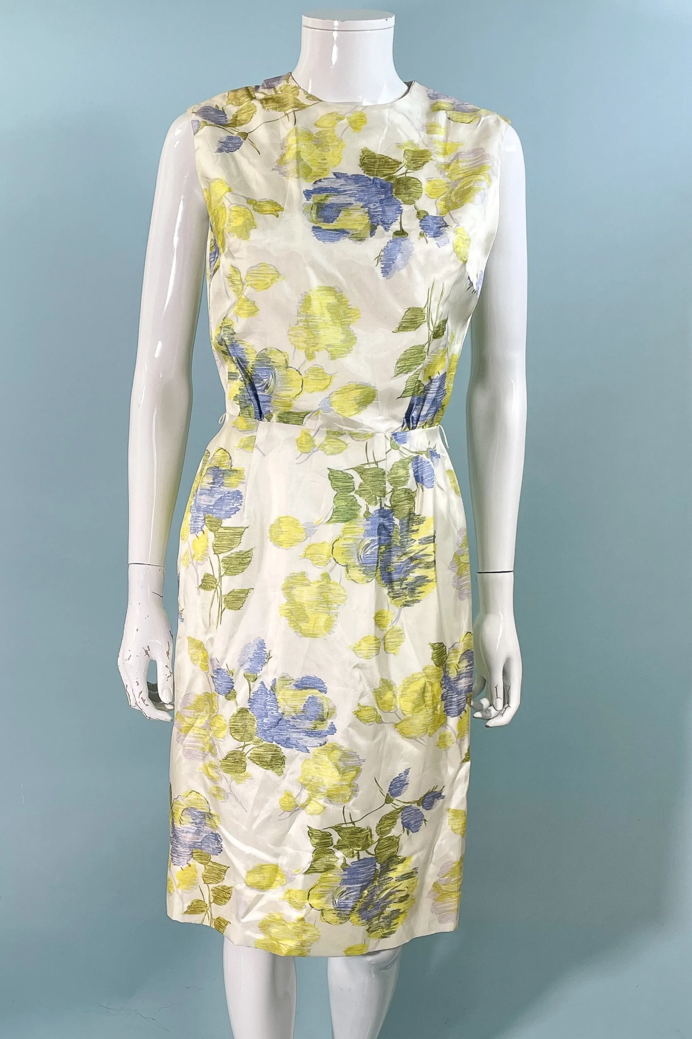 Vintage 60s Floral Print Wiggle Dress, Sleeveless Summer Dress S