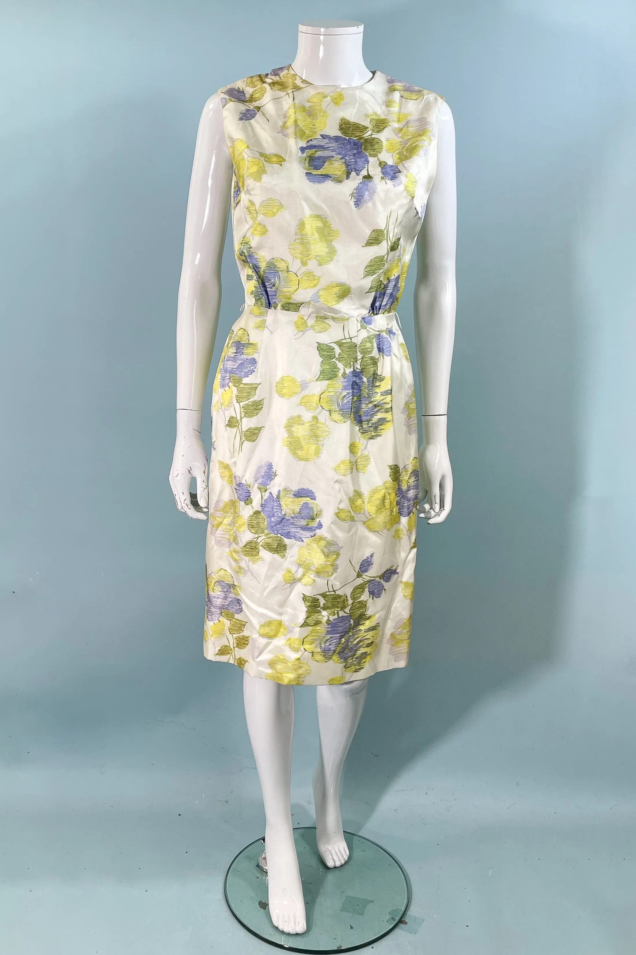 Vintage 60s Floral Print Wiggle Dress, Sleeveless Summer Dress S