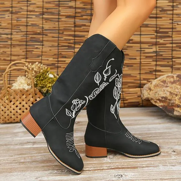 Women's Casual Rose Embroidery Chunk Heel Mid-calf Boots 42691341S