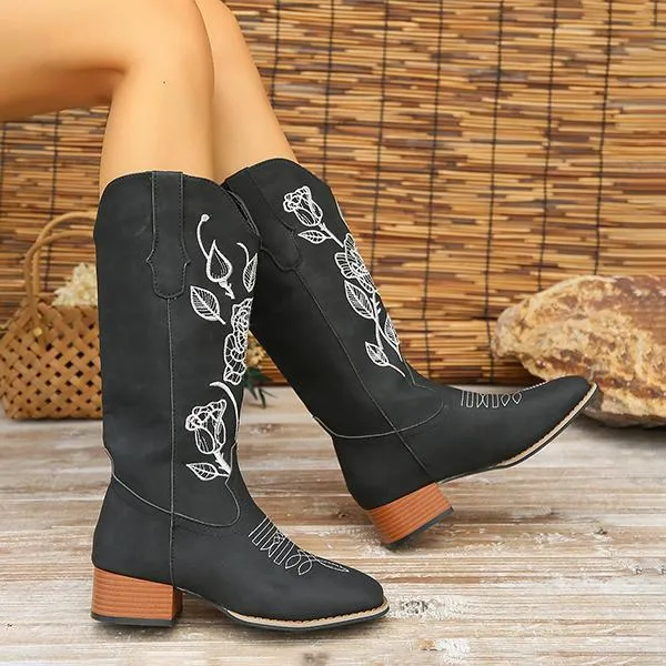 Women's Casual Rose Embroidery Chunk Heel Mid-calf Boots 42691341S